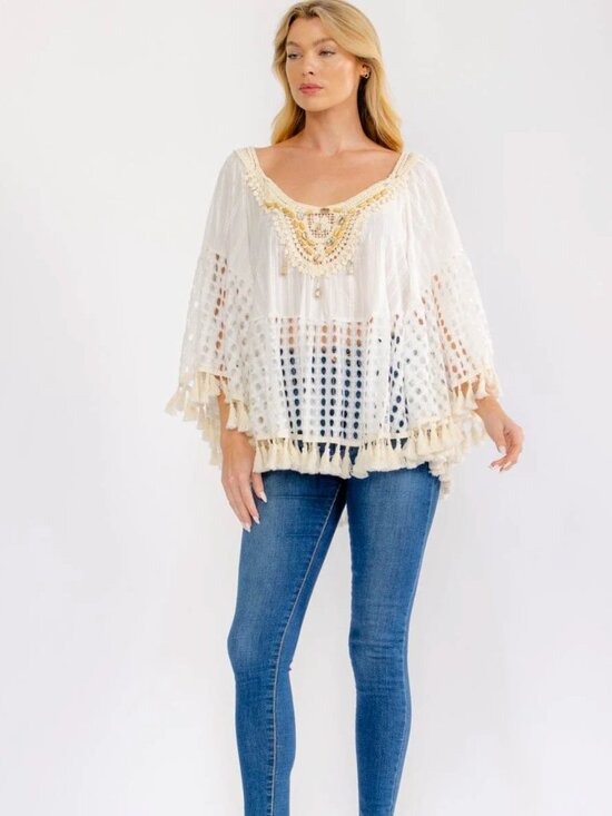 BOHO Tops - WOMEN'S LONG SLEEVE TASSEL TRIM BEAUTIFUL CROCHET TUNIC TOP